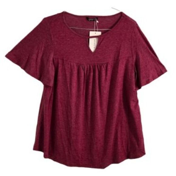 BloomChic Tops - BLOOMCHIC Women's Blouse Wine Color Round Neck Keyhole Short Sleeve Size 10